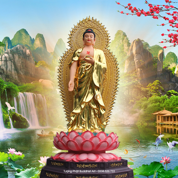Chiêm ngưỡng nét đẹp thanh tịnh và uy nghi của đức Phật A Di Đà qua bức tranh tuyệt đẹp, từ đường nét tinh tế cho tới màu sắc rực rỡ sống động. Điều đó sẽ đem lại cho bạn một trải nghiệm tuyệt vời về sự tôn nghiêm và sự cao quý của đức Phật.