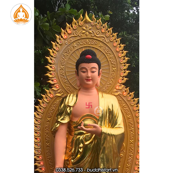 Tượng Phật A Di Đà dáng đứng đài sen có hào quang composite